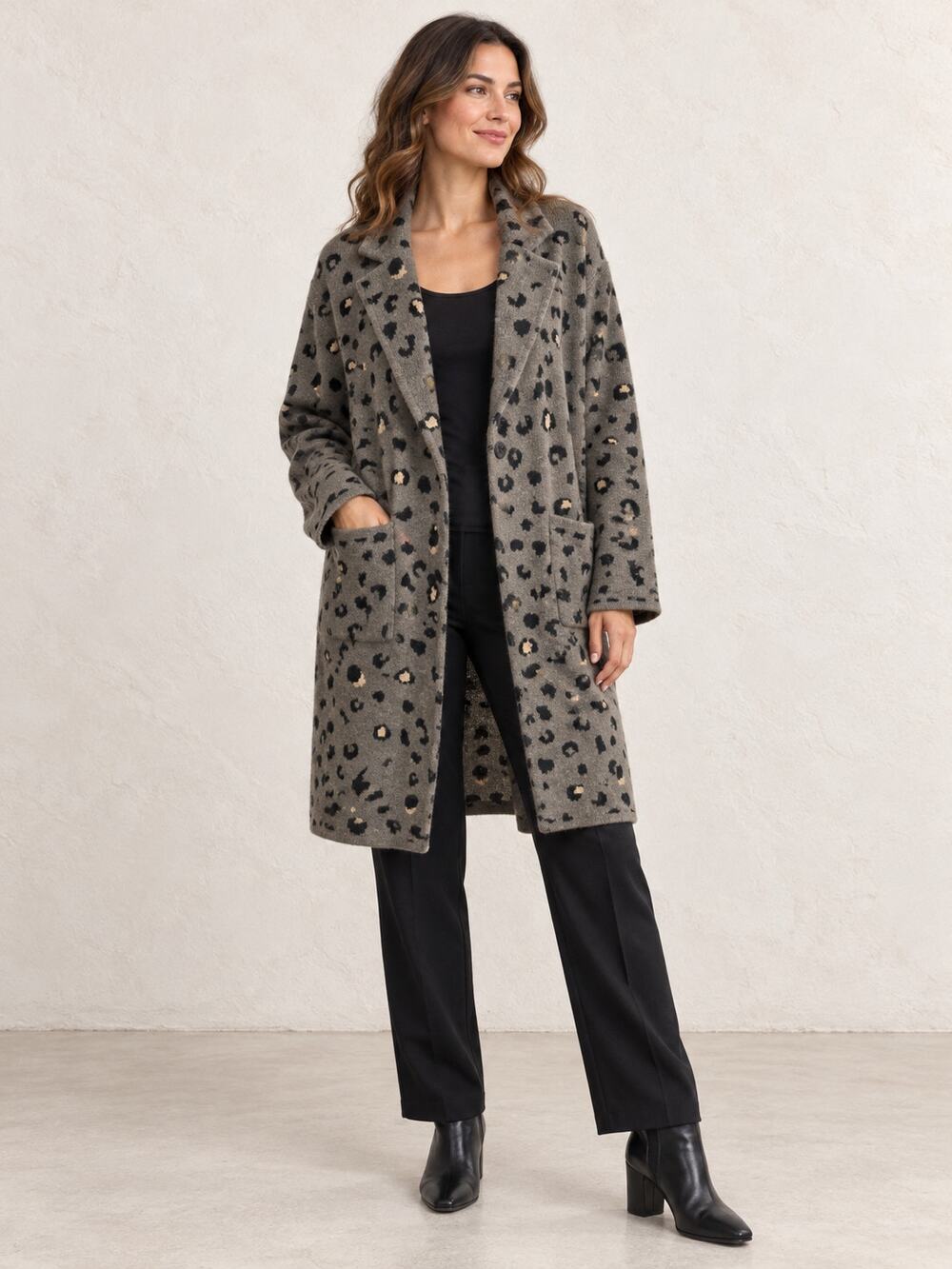 Aldomartins Brown Tan Leopard Jacquard Knit Sweater Coat Wool Blend Spain 1X